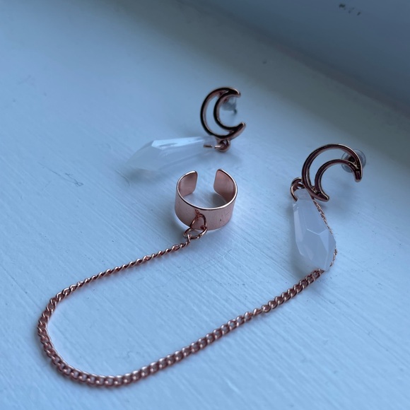 Rose Gold Moon Cuff Earring Set - Picture 4 of 6